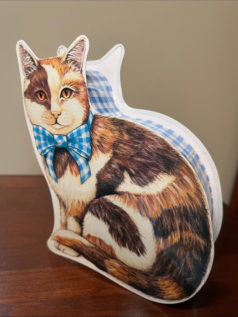 Vintage Calico Cat Blue Bow Shaped Tin Trinket Box Storage Container